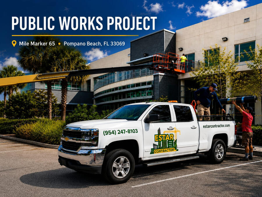 Estar Contractor work vehicle on-site for a commercial roofing and construction project in Broward County